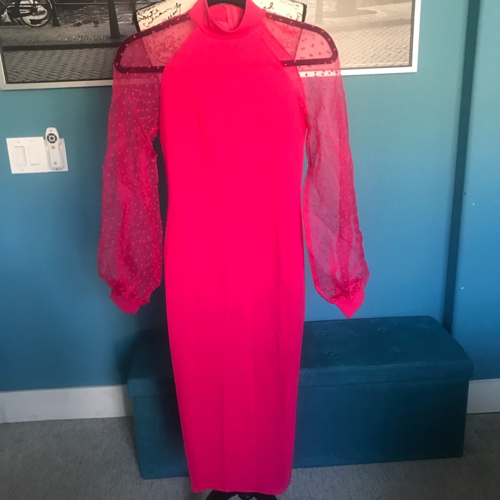 Hot pink long dress with mesh arms